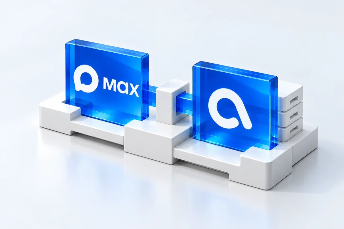 Две синие стеклянные панели с логотипами MAX и Agnostic соединены мостом на белом основании