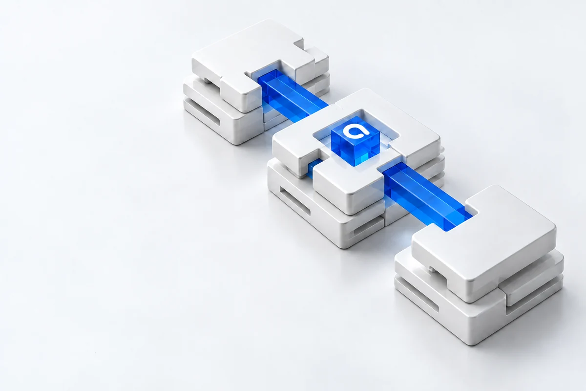 Синие стеклянные соединения между белыми модулями и куб с логотипом Agnostic